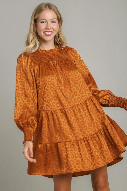 Image of Umgee Smocked Leopard Long Sleeve Tiered Dress | Queeble.shop