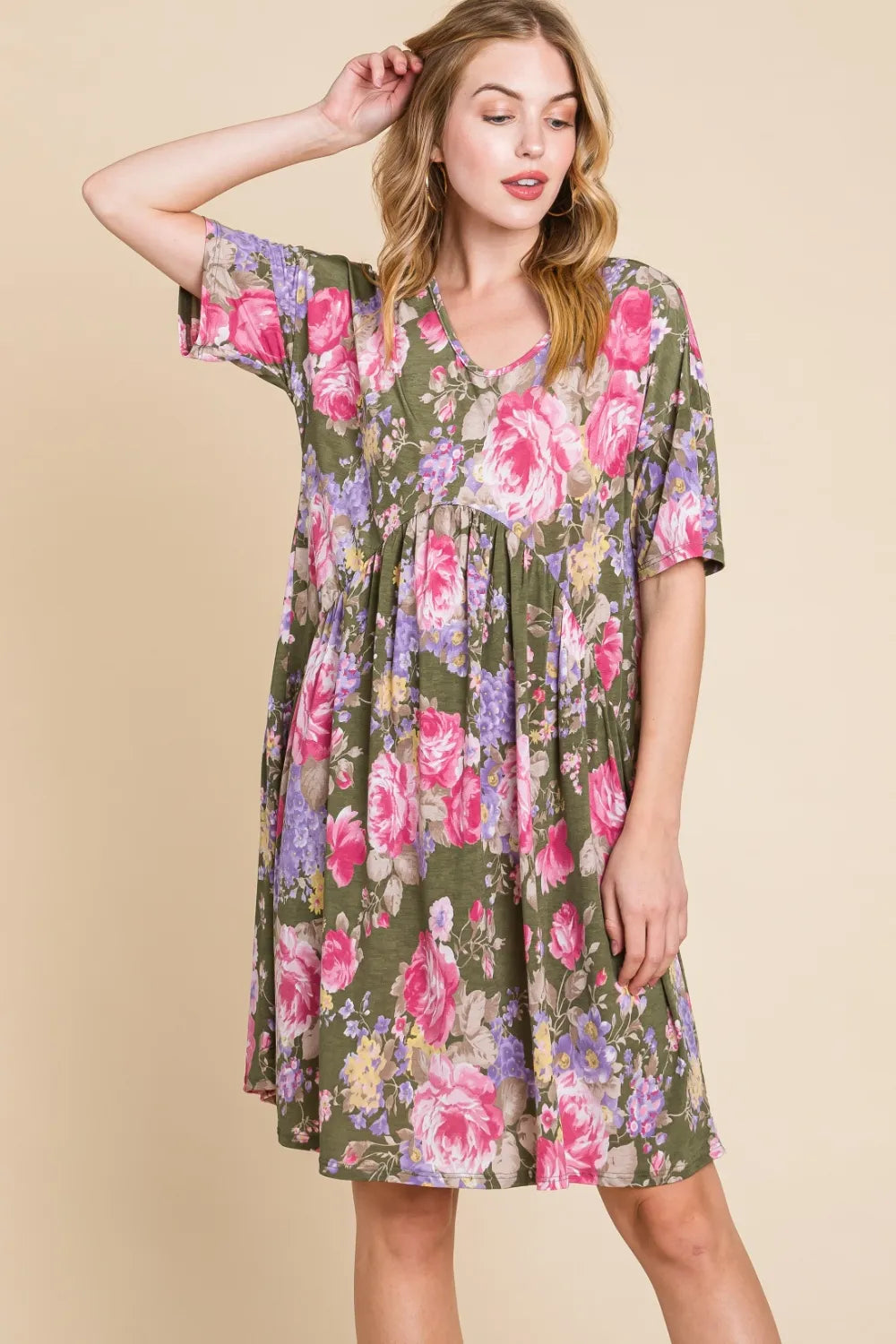 Image of BOMBOM Flower Print V-Neck Ruched Dress | Queeble.shop