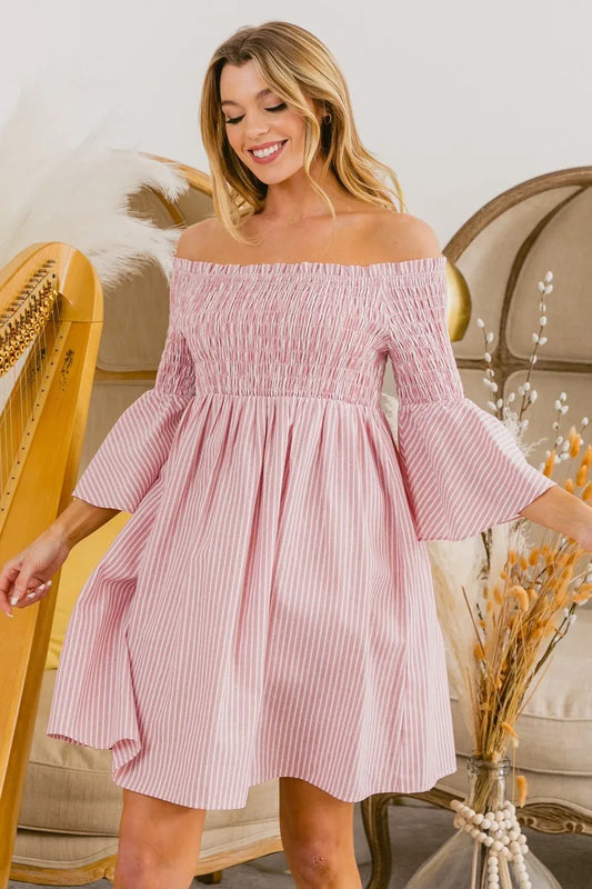 Image of BiBi Smocked Off Shoulder Striped Dress | Queeble.shop