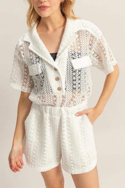 Image of HYFVE Crochet Button Front Short Sleeve Romper | Queeble.shop