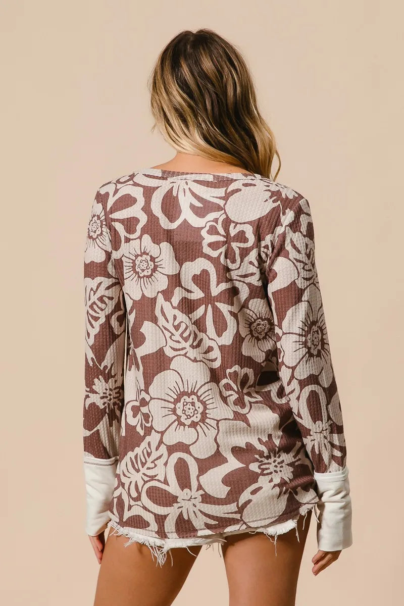 Image of BiBi Flower Printed Waffle Thumb Opening Top | Queeble.shop