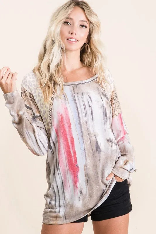 Image of BiBi Tie Dye Knit Top with Print Block Shoulder | Queeble.shop