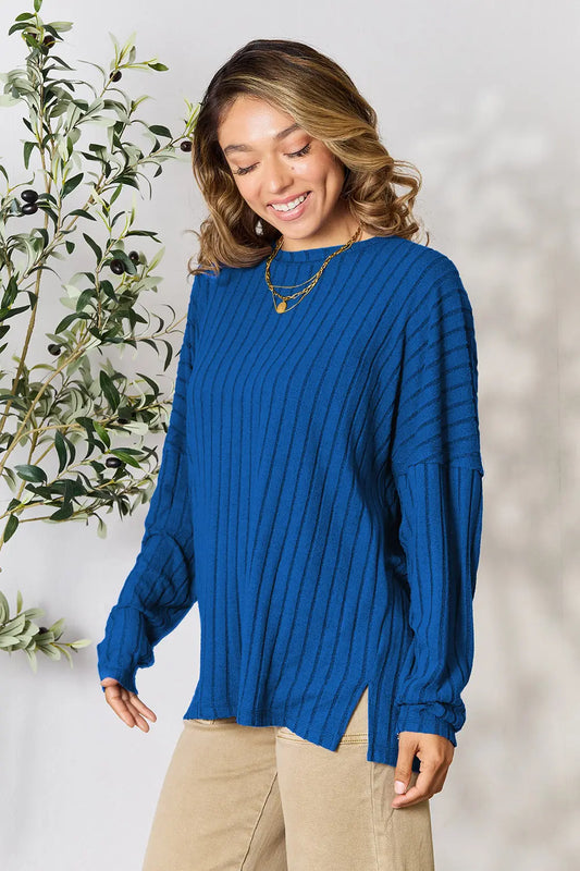 Image of Basic Bae Full Size Ribbed Round Neck Slit Knit Top | Queeble.shop