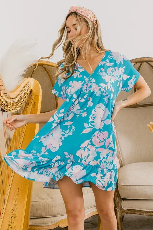 Image of BiBi Floral Crinkle Shirred Ruffle Detail V Neck Dress | Queeble.shop