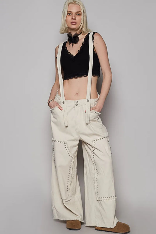 Image of POL Raw Hem Studded Knee Patches Cargo Overalls | Queeble.shop