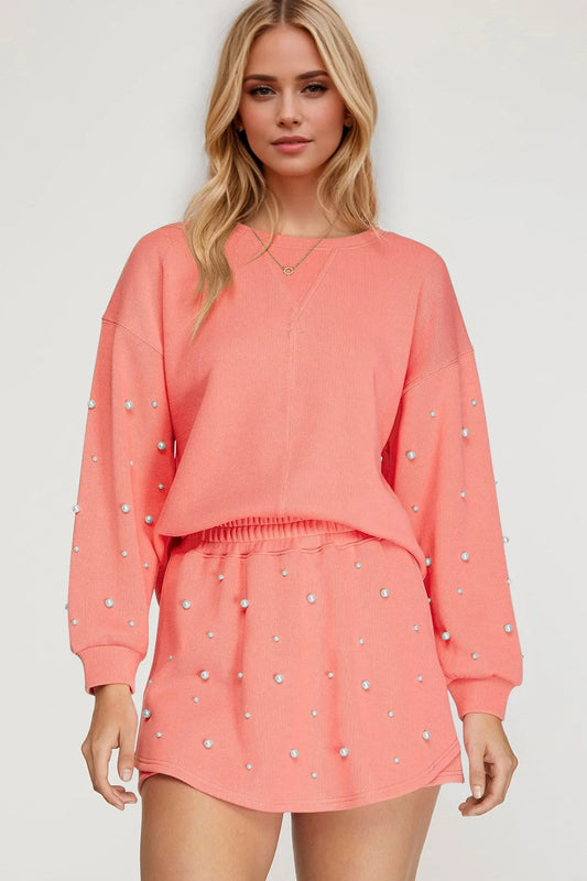 Image of Oh Pearl Trim Round Neck Long Sleeve Top and Skirt Set | Queeble.shop