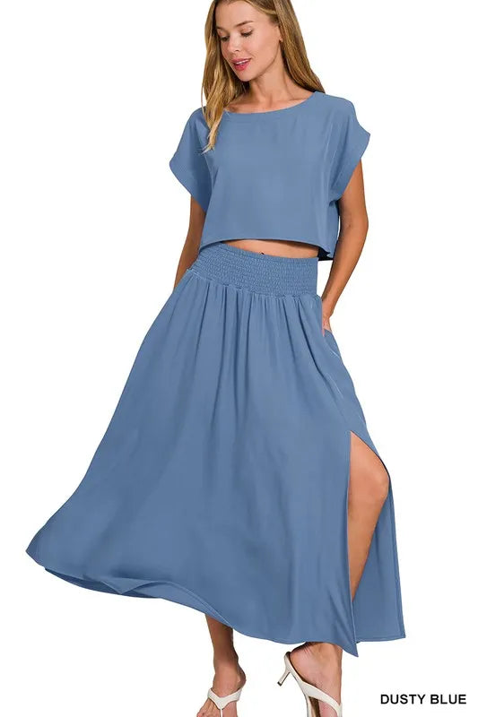 Image of Zenana Woven Crinkle Gauze Crop Tee and Skirt Set | Queeble.shop
