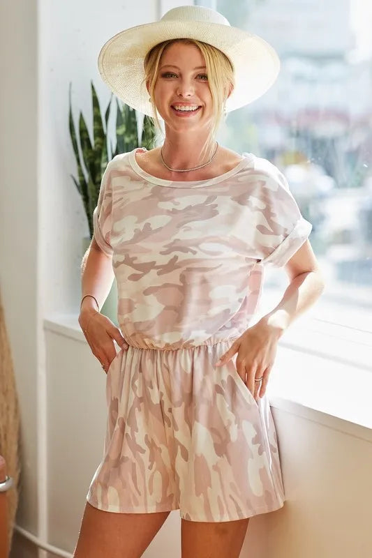 Image of BiBi Camo Print French Terry Romper with Side Pockets | Queeble.shop