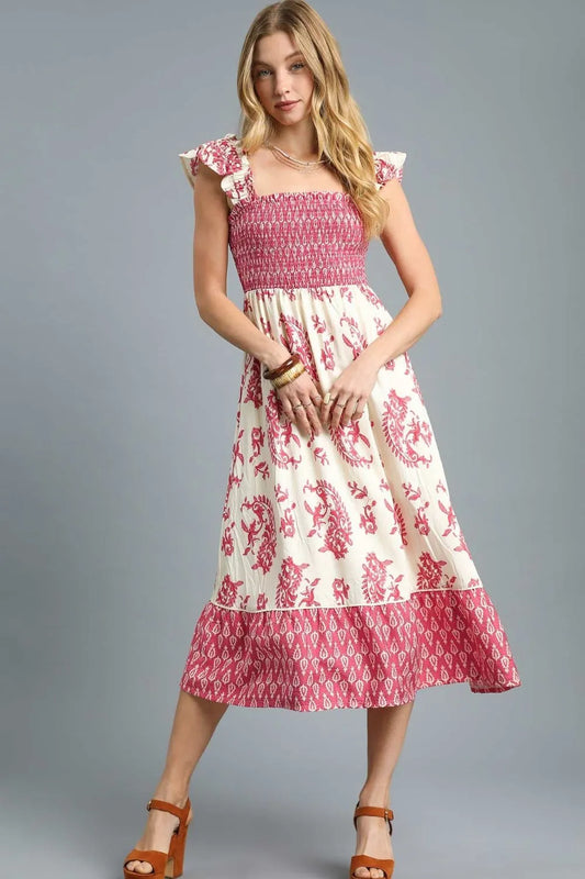 Image of Umgee Printed Smocked Midi Dress with Ruffle Details | Queeble.shop
