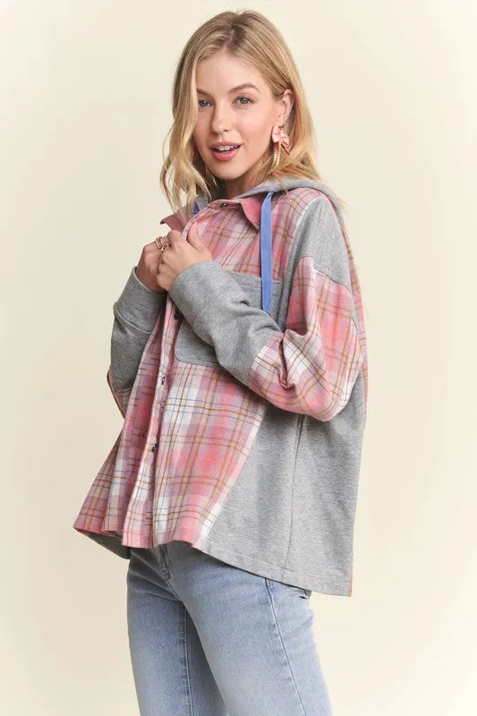 Image of ADORA Button Down Plaid Hoodie Shacket | Queeble.shop