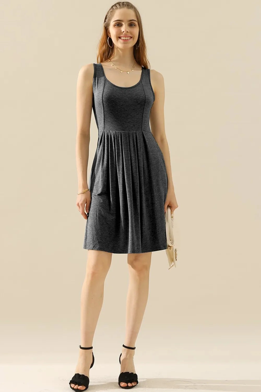 Image of Doublju Full Size Round Neck Ruched Sleeveless Dress with Pockets | Queeble.shop