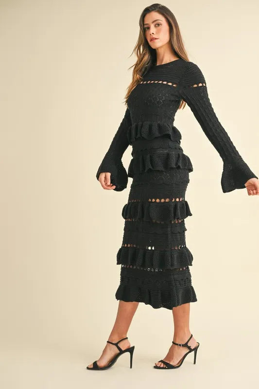 Image of MABLE Long Sleeve Tiered Ruffle Knit Midi Dress | Queeble.shop