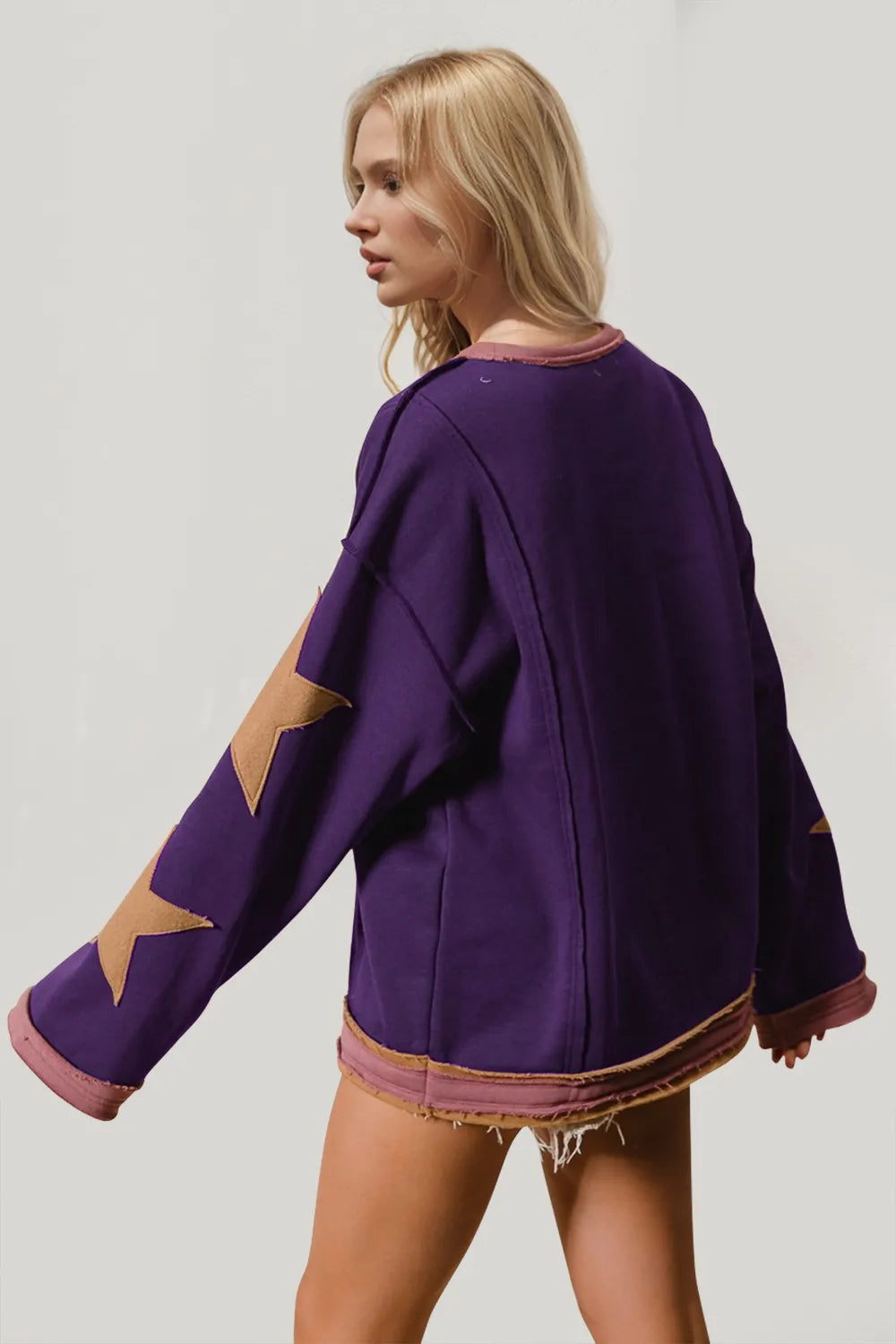 Image of Double Take Star Patched Long Sleeve Sweatshirt | Queeble.shop
