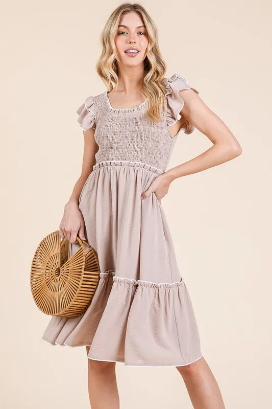 Image of Lime 'N' Chili Ruffle Trim Smocked Dress with Contrast | Queeble.shop