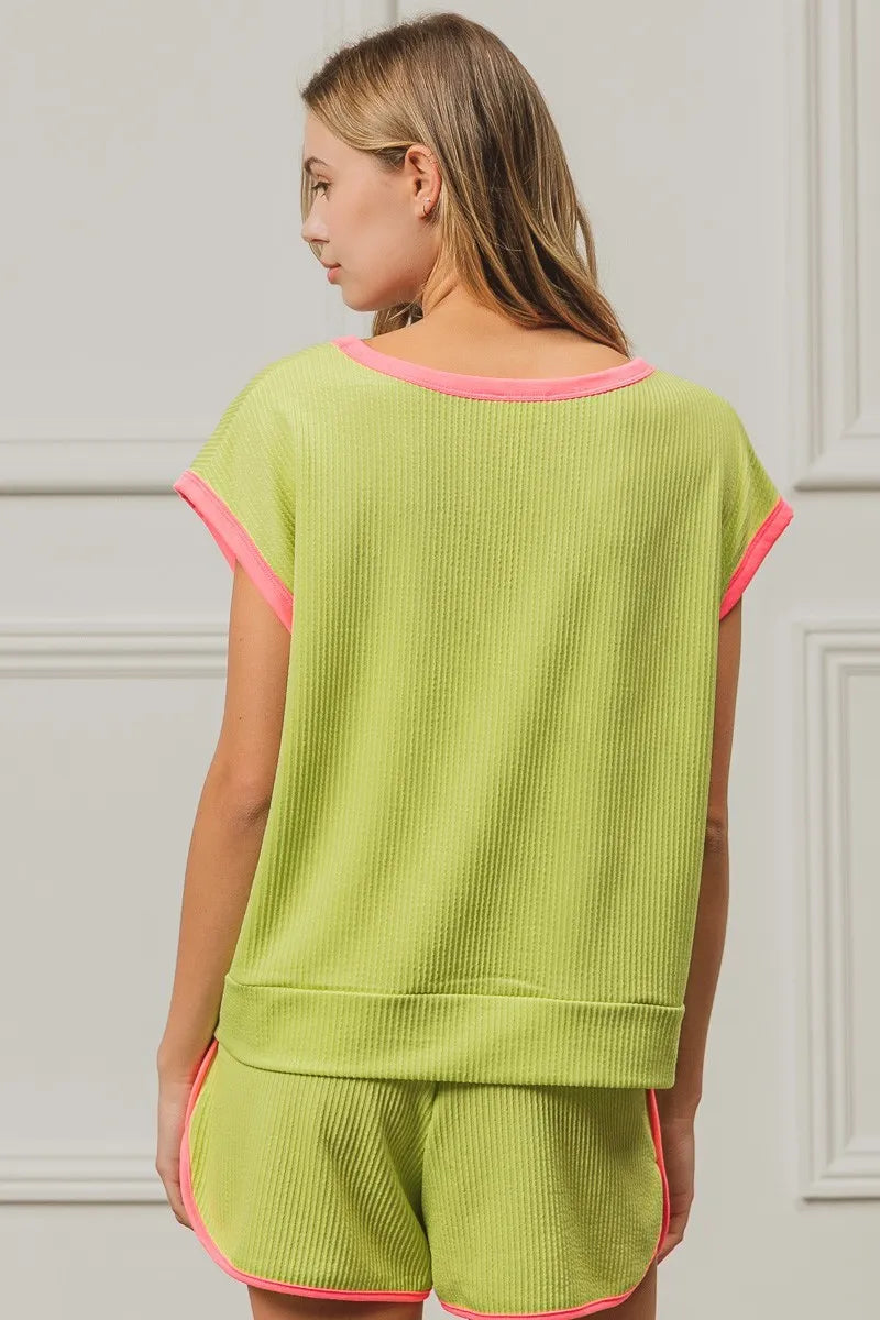 Image of BiBi Cord Rib Knit Contrast Banded Top | Queeble.shop