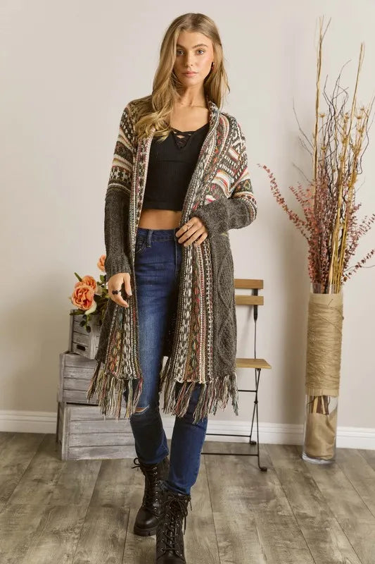 Image of ADORA Full Size Fringe Hem Aztec Cardigan Plus Size | Queeble.shop