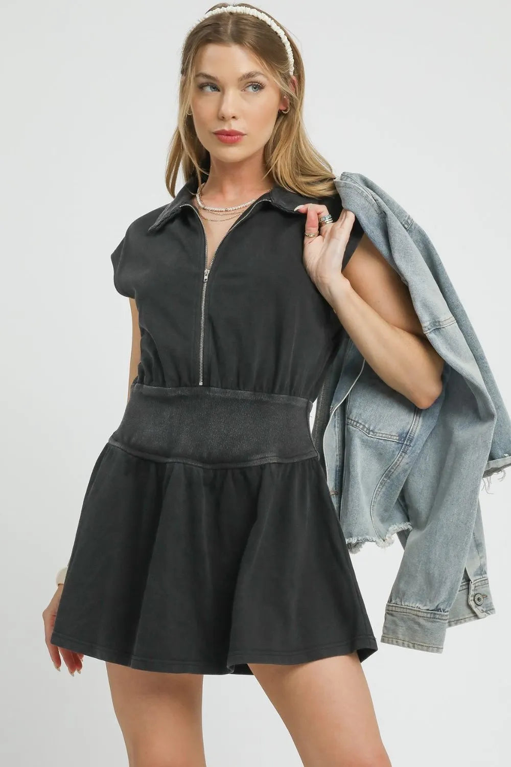 Image of Umgee Zip Front Cap Sleeve Mini Dress | Queeble.shop