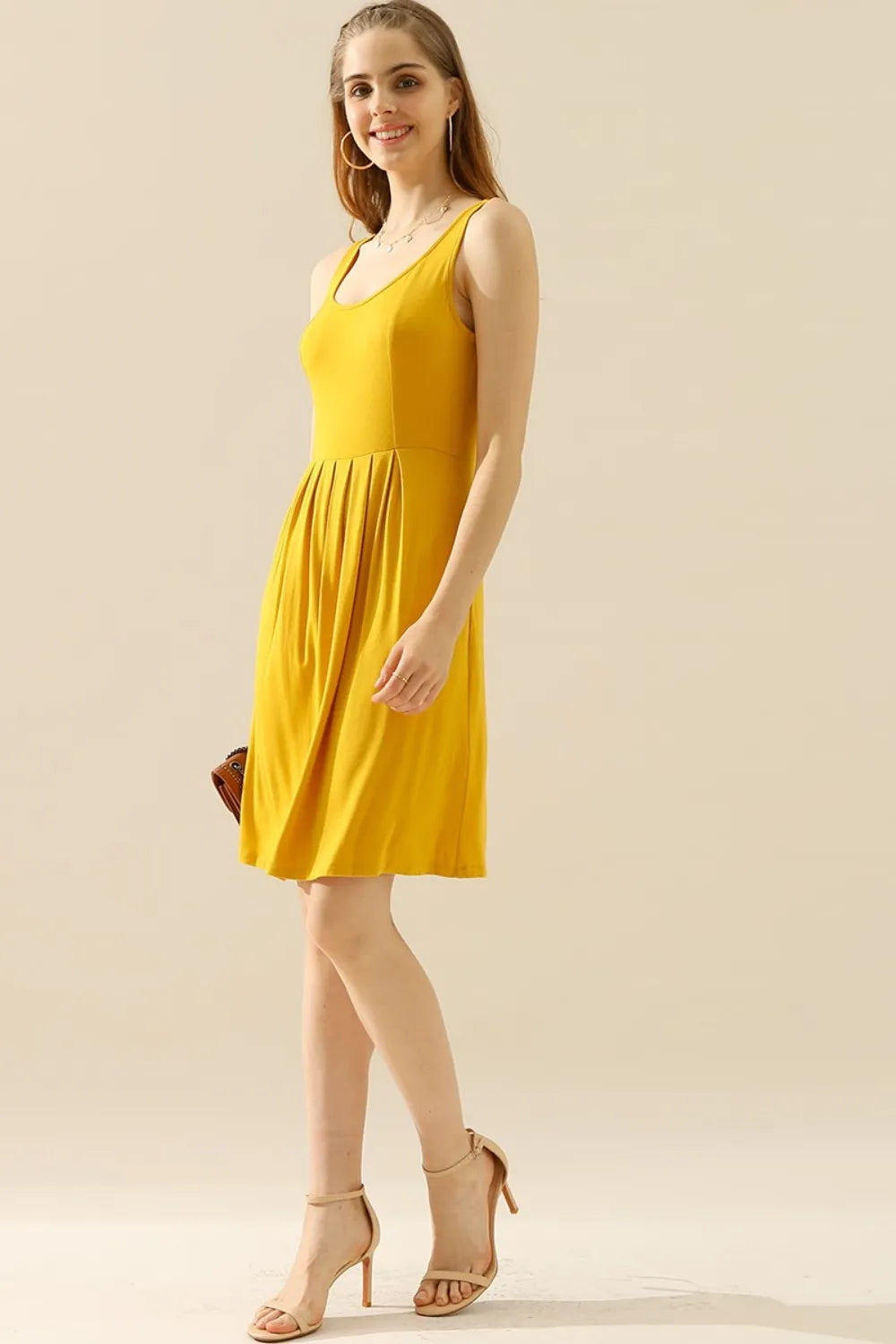 Image of Doublju Full Size Round Neck Ruched Sleeveless Dress with Pockets | Queeble.shop