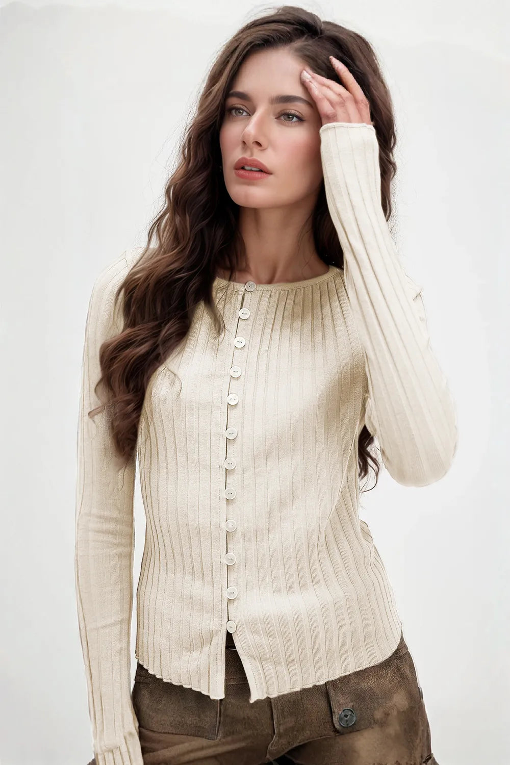 Image of Basic Bae Texture Button Up Round Neck Long Sleeve Top | Queeble.shop