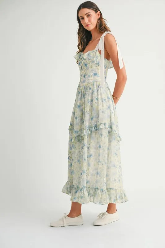 Image of MABLE Floral Printed Shoulder Strap Midi Dress | Queeble.shop