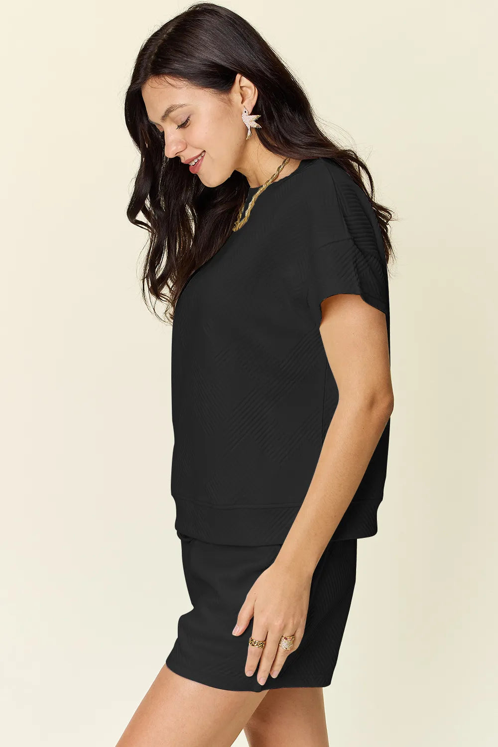 Image of Double Take Full Size Texture Short Sleeve T-Shirt and Drawstring Shorts Set | Queeble.shop