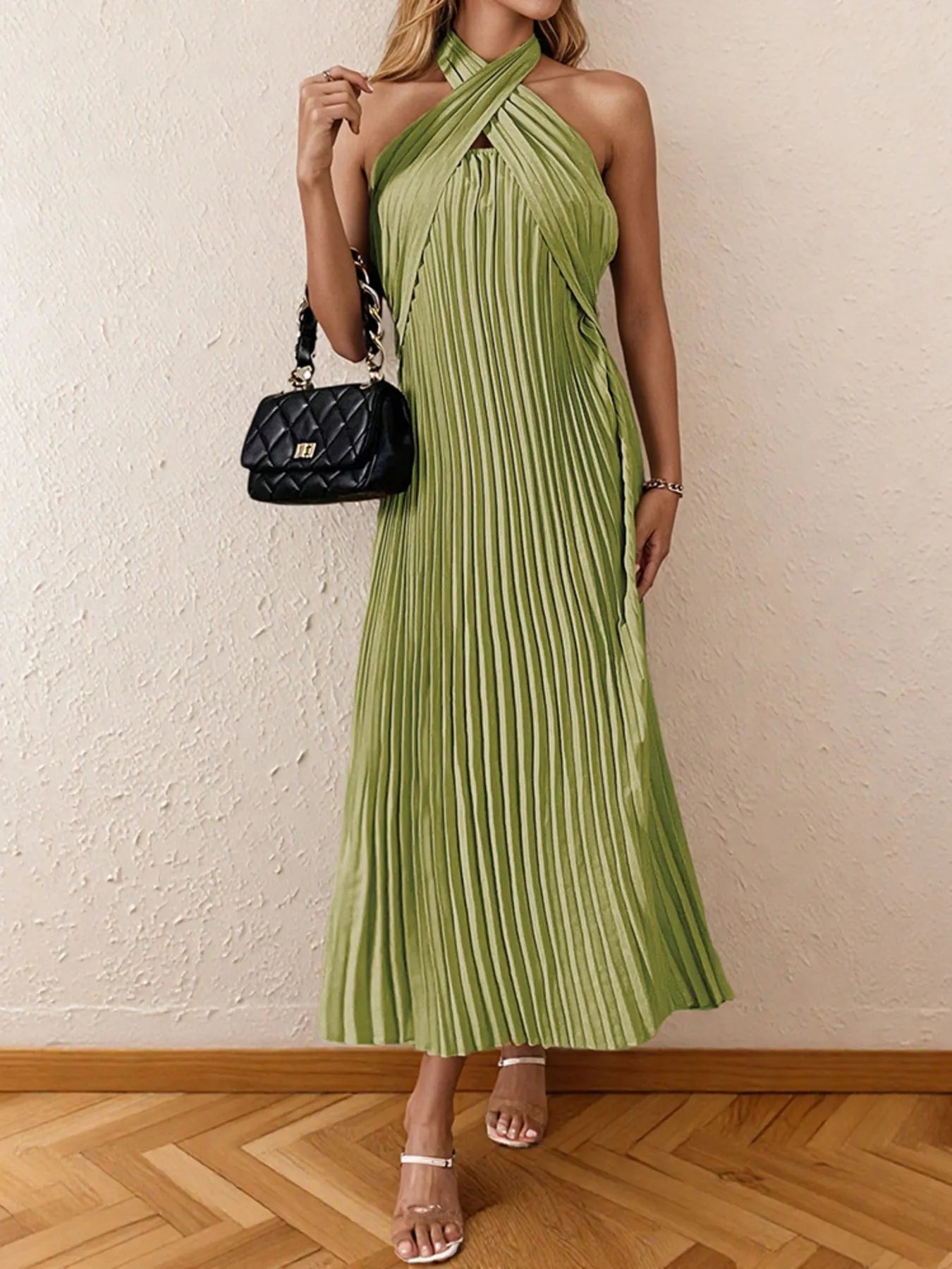 Image of Pleated Halter Neck Midi Dress | Queeble.shop
