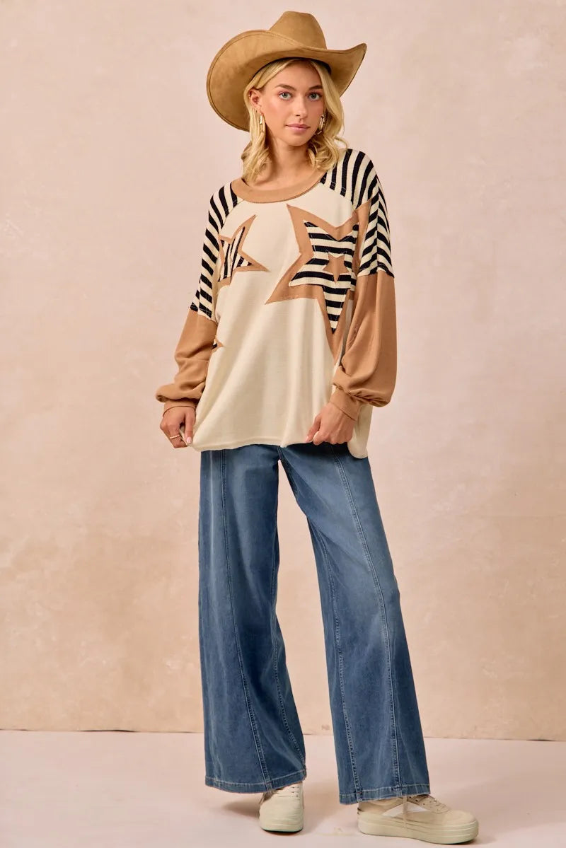 Image of BiBi Star Patchwork Mixed Long Sleeve Top | Queeble.shop