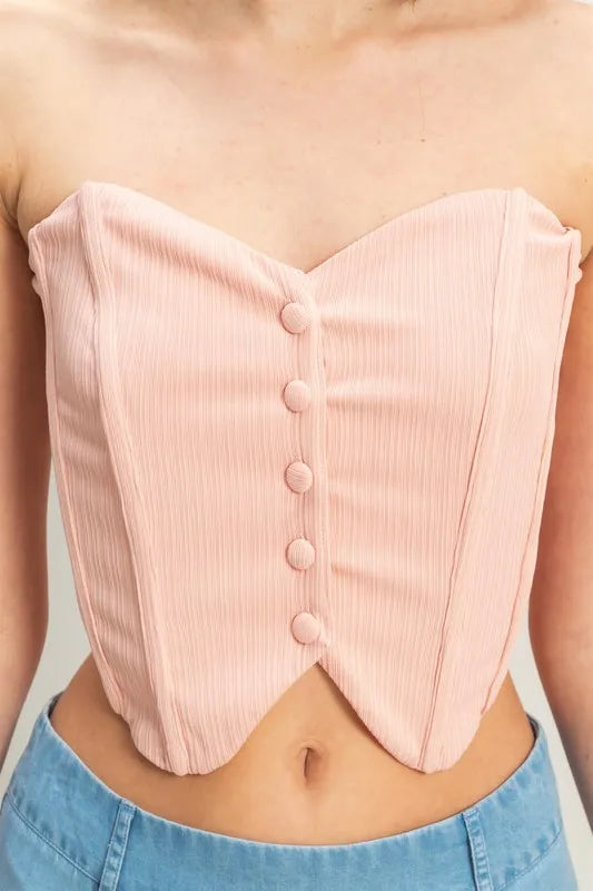 Image of HYFVE Buttoned Front Strapless Knit Bustier Top | Queeble.shop