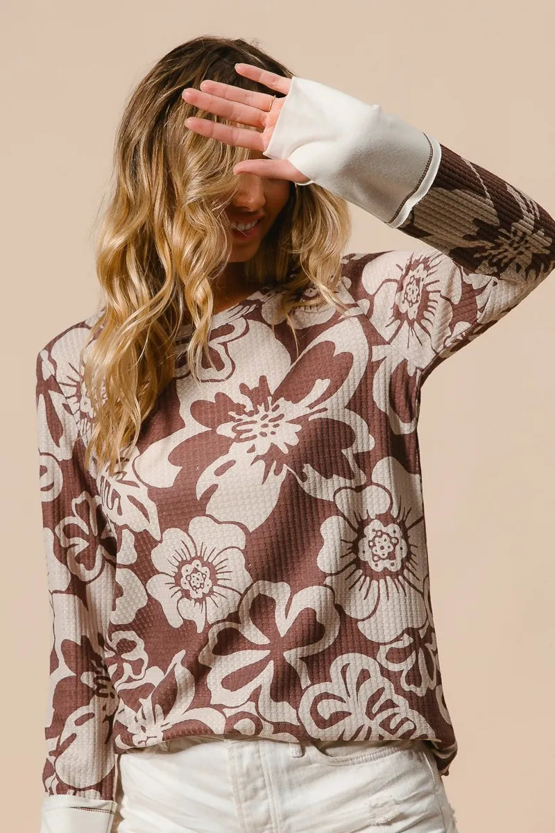 Image of BiBi Flower Printed Waffle Thumb Opening Top | Queeble.shop