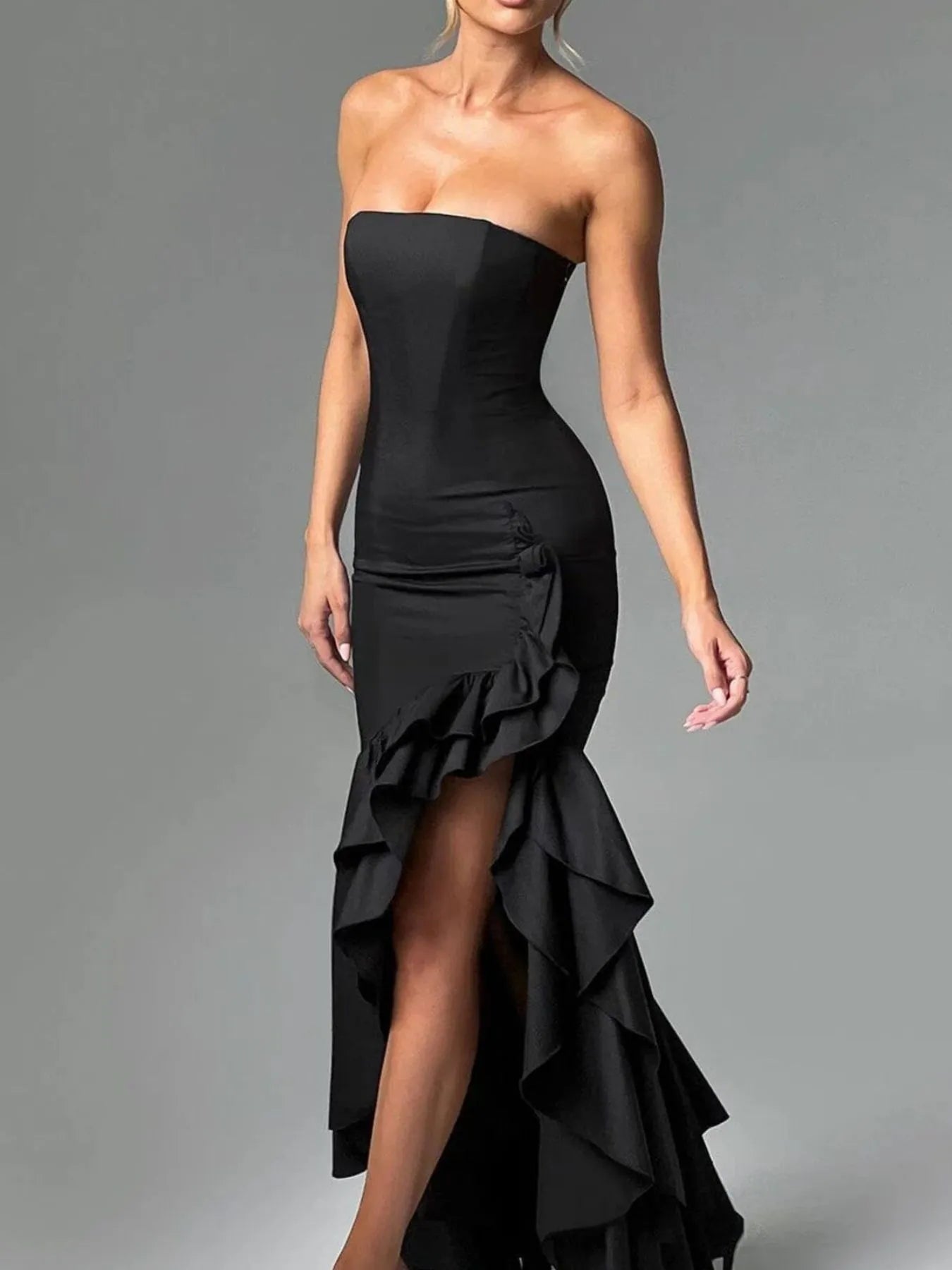 Image of Strapless Ruffle High-Low Bodycon Dress | Queeble.shop