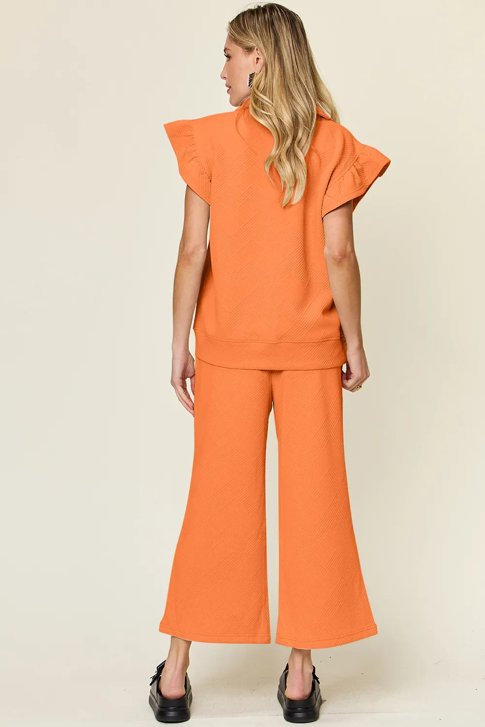 Image of Double Take Texture Ruffle Short Sleeve Top and Drawstring Wide Leg Pants Set | Queeble.shop