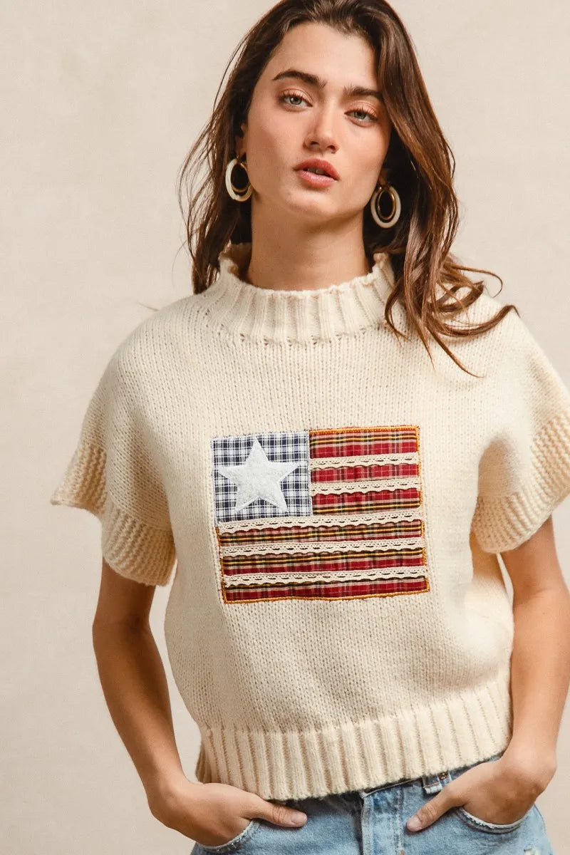 Image of BiBi American Flag Patchwork Drop Shoulder Sweater | Queeble.shop