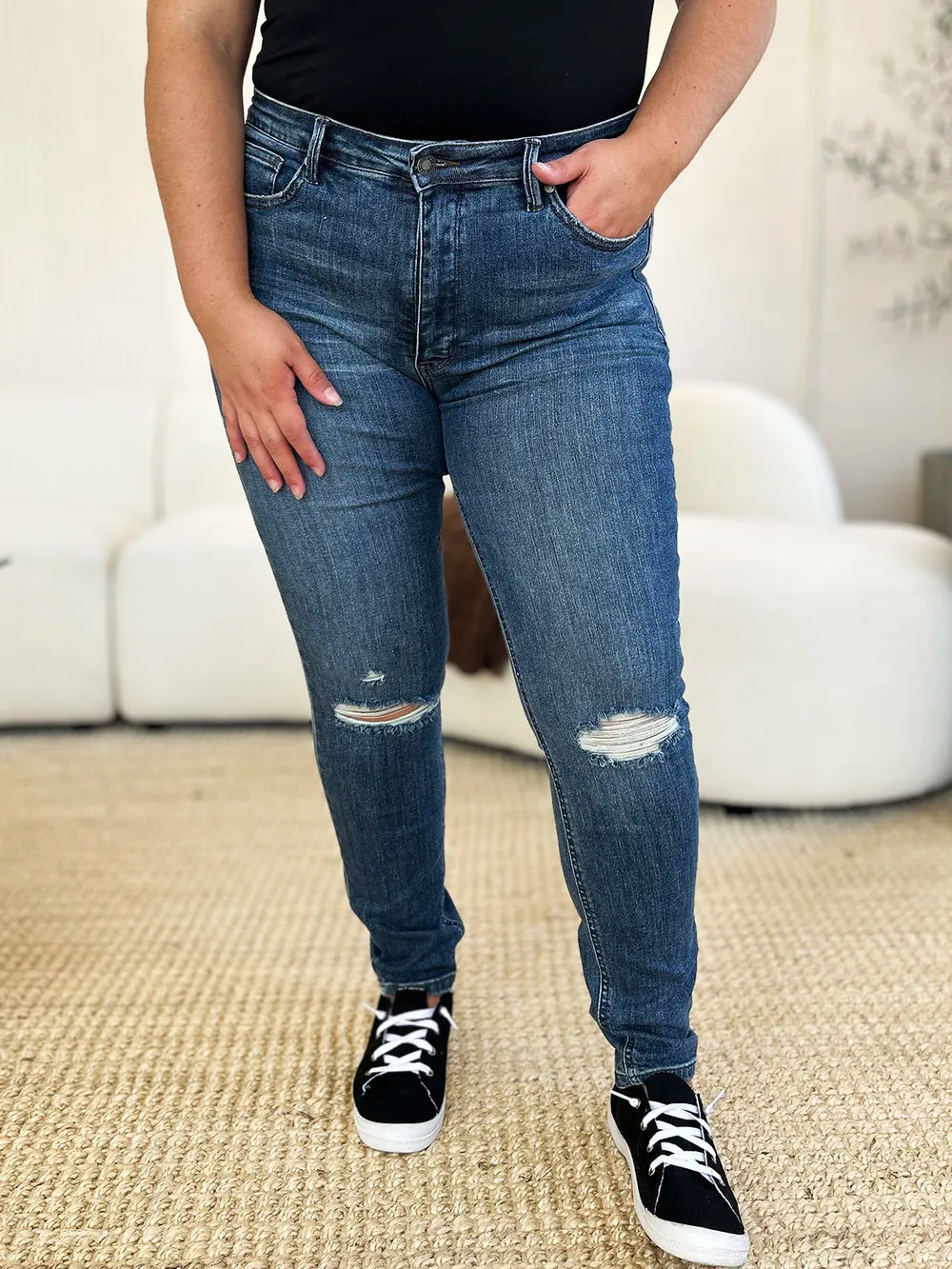 Image of Judy Blue Full Size Mid Waist Distressed Slim Jeans | Queeble.shop