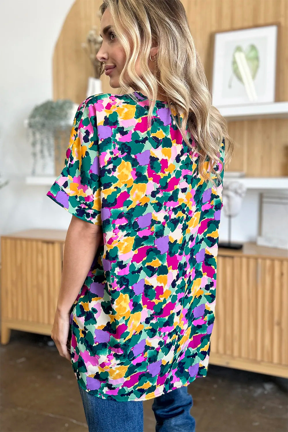 Image of Double Take Full Size Printed V-Neck Short Sleeve Side Slit Top | Queeble.shop