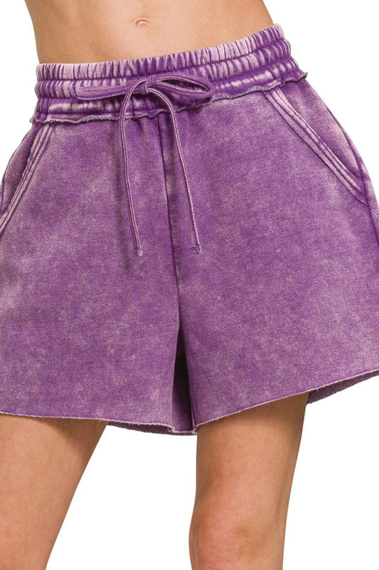 Image of Zenana Acid Wash Fleece Drawstring Shorts With Pockets | Queeble.shop