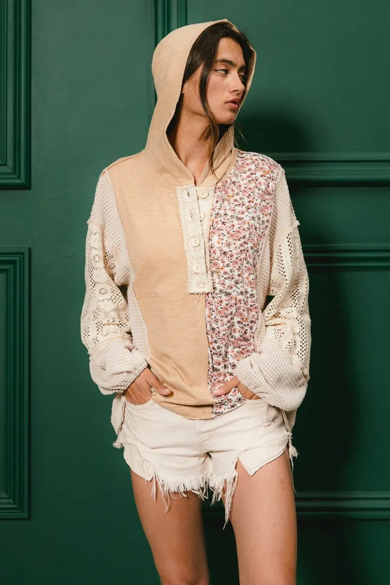 Image of BiBi Slub Jersey with Lace Combo Buttoned Hoodie Top | Queeble.shop
