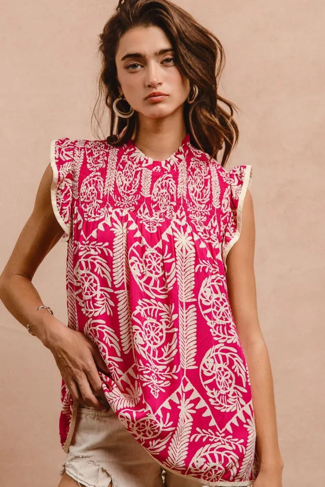 Image of BiBi Printed Ruffle Sleeve Top | Queeble.shop