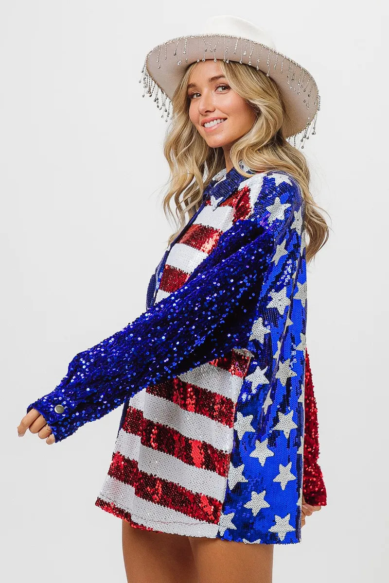 Image of BiBi Velvet Sequin American Flag Shirt | Queeble.shop