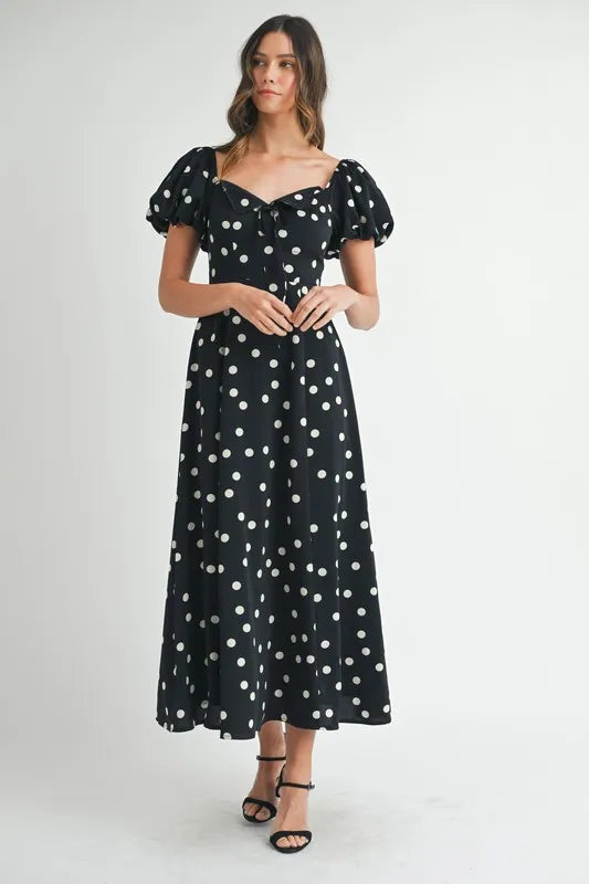 Image of MABLE Polka Dot Puff Sleeve Midi Dress | Queeble.shop