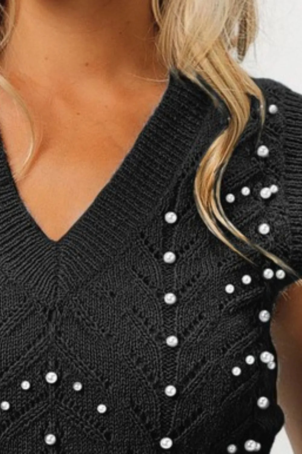Image of BiBi Chevron Pointelle Pearl Knit Top | Queeble.shop