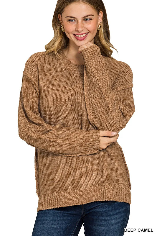 Image of Zenana Exposed Seam Round Neck Sweater | Queeble.shop