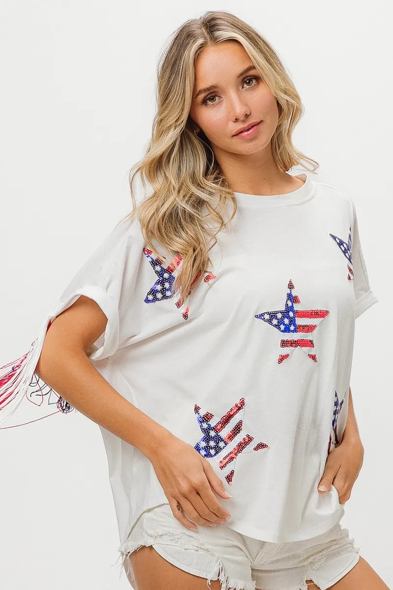 Image of BiBi American Flag Sequin Star Fringe Top | Queeble.shop