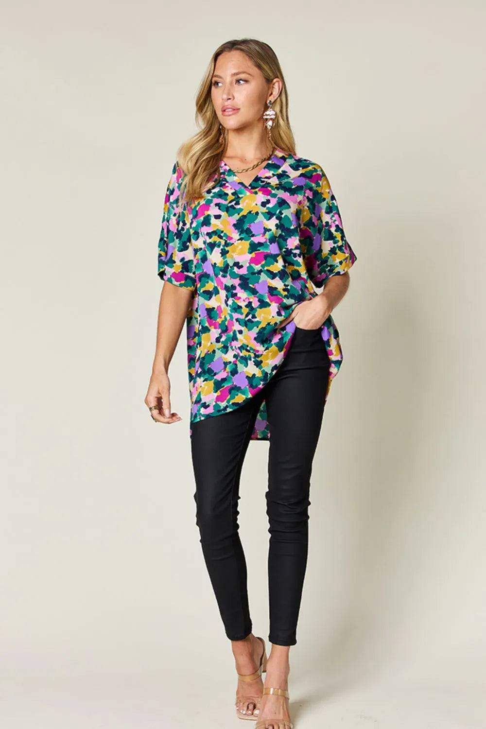 Image of Double Take Full Size Printed V-Neck Short Sleeve Side Slit Top | Queeble.shop
