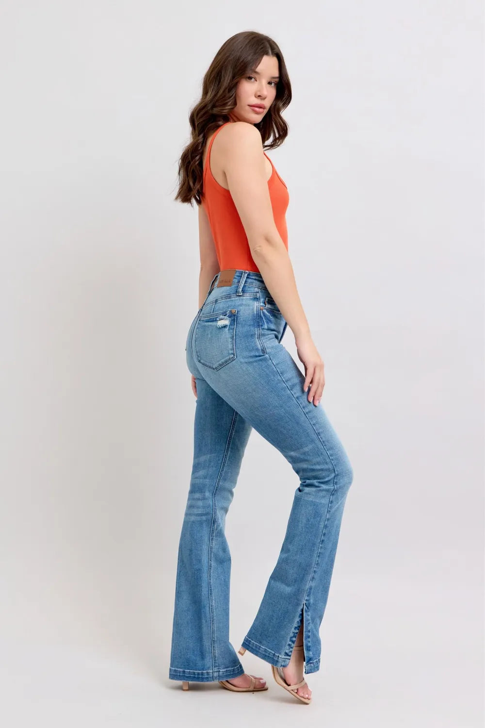 Image of Judy Blue HW Tummy Control Vintage Wash Side Slit Slim Boot Jeans | Queeble.shop