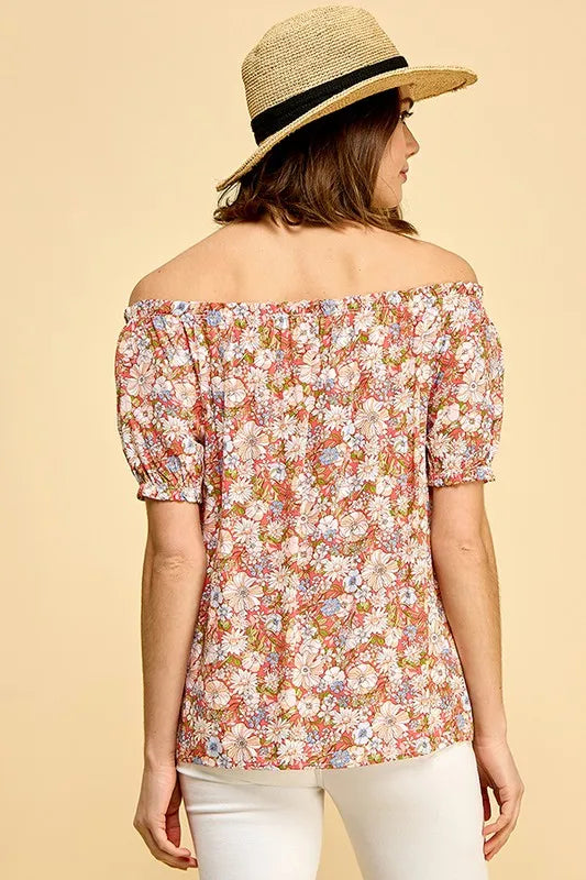 Image of Lime 'N' Chili Floral Print Short Sleeve Off-The-Shoulder Blouse | Queeble.shop