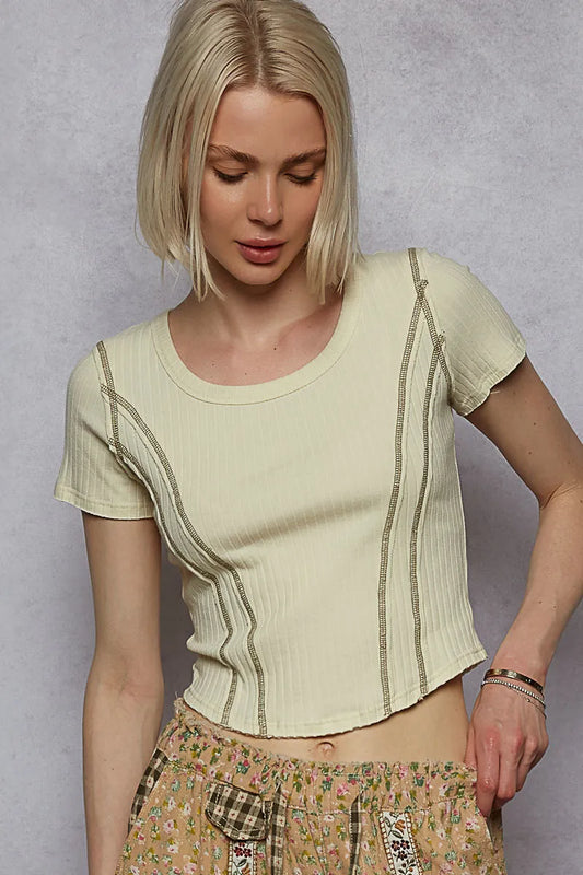 Image of POL Contrast Stitching Round Neck Crop T-Shirt | Queeble.shop
