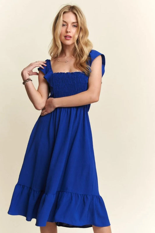Image of ADORA Smocked Square Neck Ruffled Cap Sleeve Dress | Queeble.shop