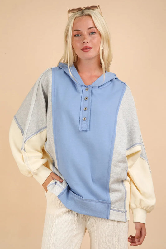Image of VERY J Exposed Seam Color Block Half Button Hoodie | Queeble.shop