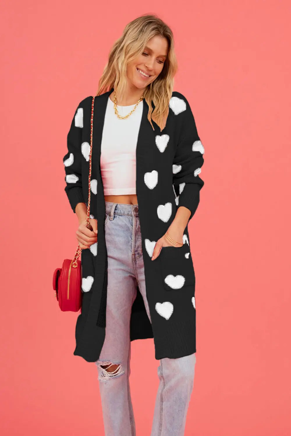 Image of Heart Graphic Open Front Cardigan with Pockets | Queeble.shop