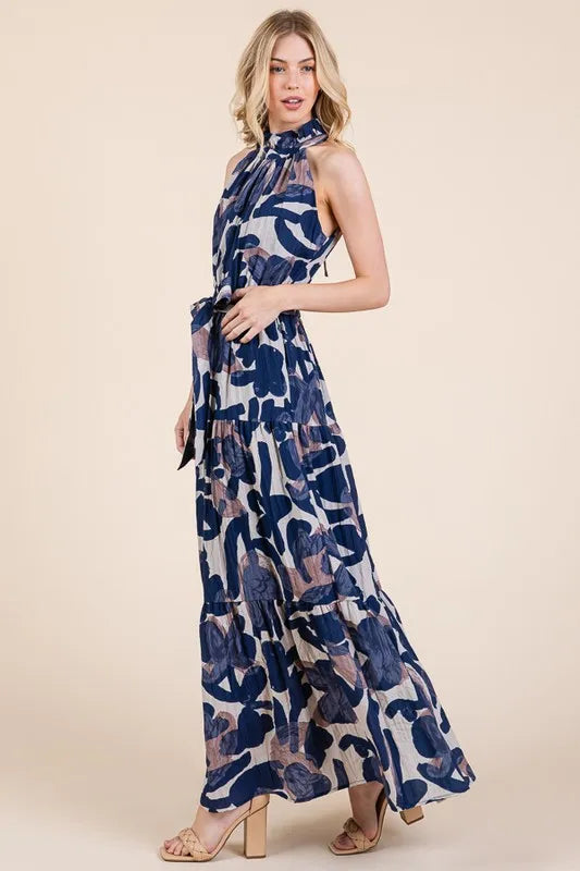 Image of Lime 'N' Chili Abstract Halter Neck Tie-Waist Tiered Maxi Dress | Queeble.shop
